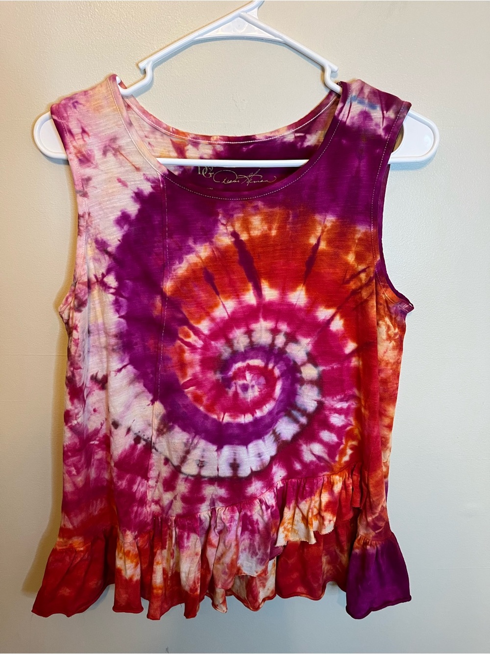 Custom Made Tie-Dye Spiral Sleeveless Top Bottom Ruffle Size M Pink Orange Fall